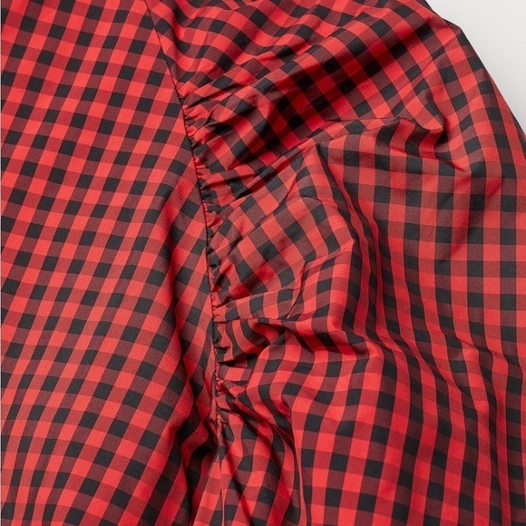 H&M Puff Long Sleeve Blouse Checked Red Black Low Stand Up Collar Covered Button - Picture 6 of 11